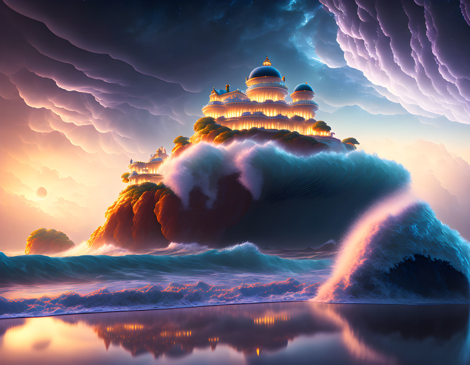 Surreal landscape with majestic palace on giant wave under purple sky