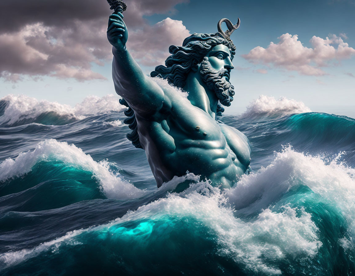 Mythical Poseidon Emerges with Trident in Ocean Scene