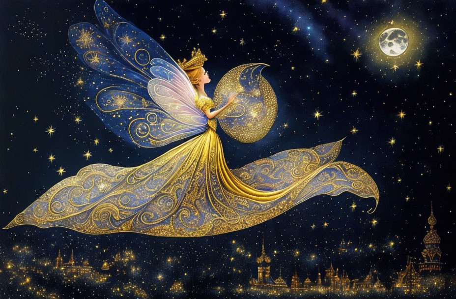 Illustrated fairy with golden wings in starry night sky and castle silhouette