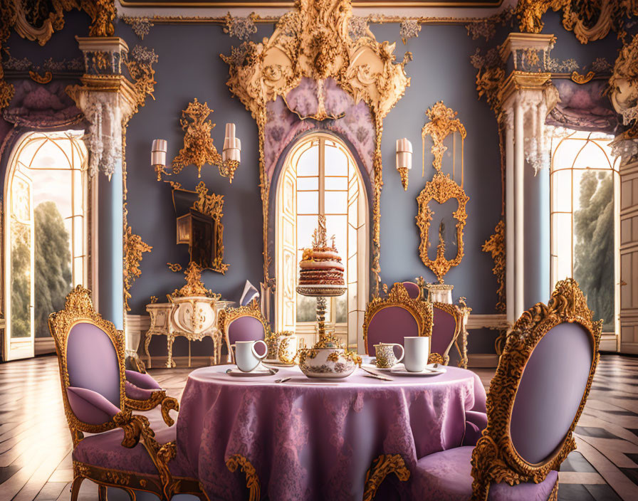 Luxurious Baroque-style Room with Lavender Chairs, Tea Set, Mirrors, and Grand Windows