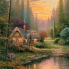 Sunset Glow on Cottage Surrounded by Trees and Flowers