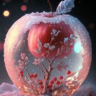 Vibrant surreal image: glossy apple with crystal interior and feather, orbs on dark backdrop