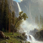 Majestic waterfall amid autumn trees and moss-covered stones