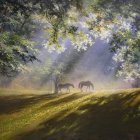 Sunlit forest path with piercing light rays and lush green trees