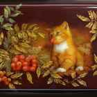 Illustration of orange and white cat in autumn setting