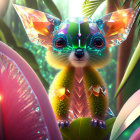 Crystal-like rodent creature in vibrant jungle with iridescent foliage