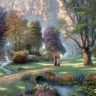 Tranquil fantasy forest with stone bridge, stream, flowers, trees, and waterfall