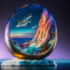 Snow globe featuring coral reef and dolphins on purple gradient background