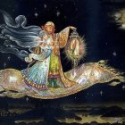 Illustrated fairy with golden wings in starry night sky and castle silhouette