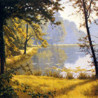 Serene Forest Lake with Lush Reflections and Sunlight