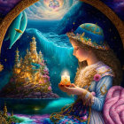 Fantasy illustration of girl with candle and bird at castle island