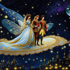 Royal couple on magical flying carpet over starry sky with luminous buildings and moon.