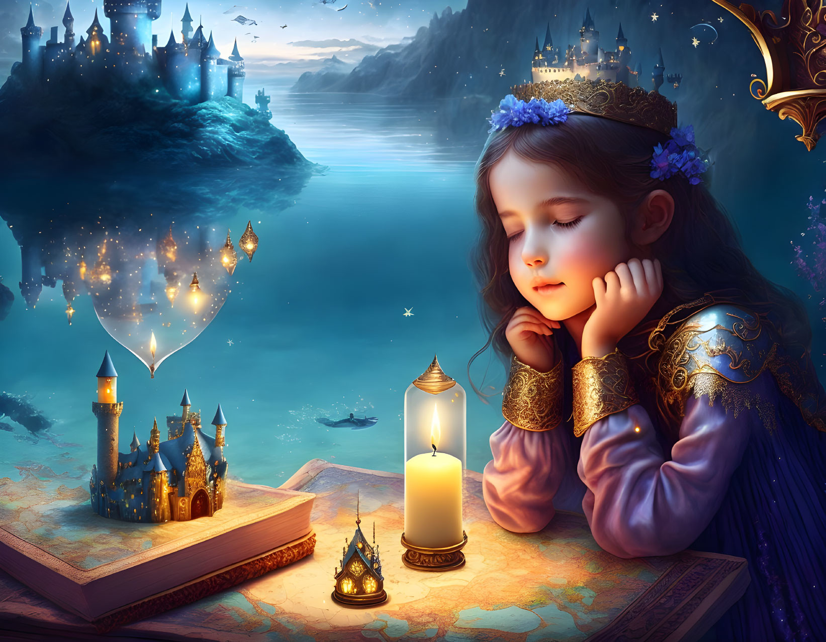 Young girl in medieval dress dreaming beside a book with floating castles and tranquil lake