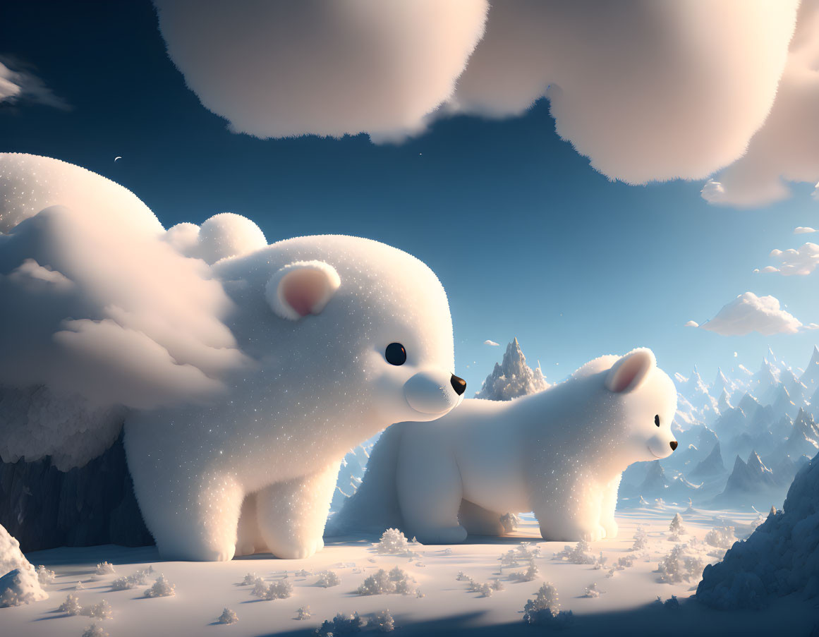 Fluffy cloud polar bear characters in snowy landscape