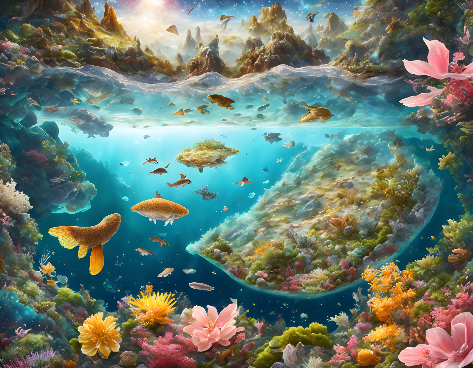 Colorful Fish and Coral in Underwater Scene with Mountains and Sky