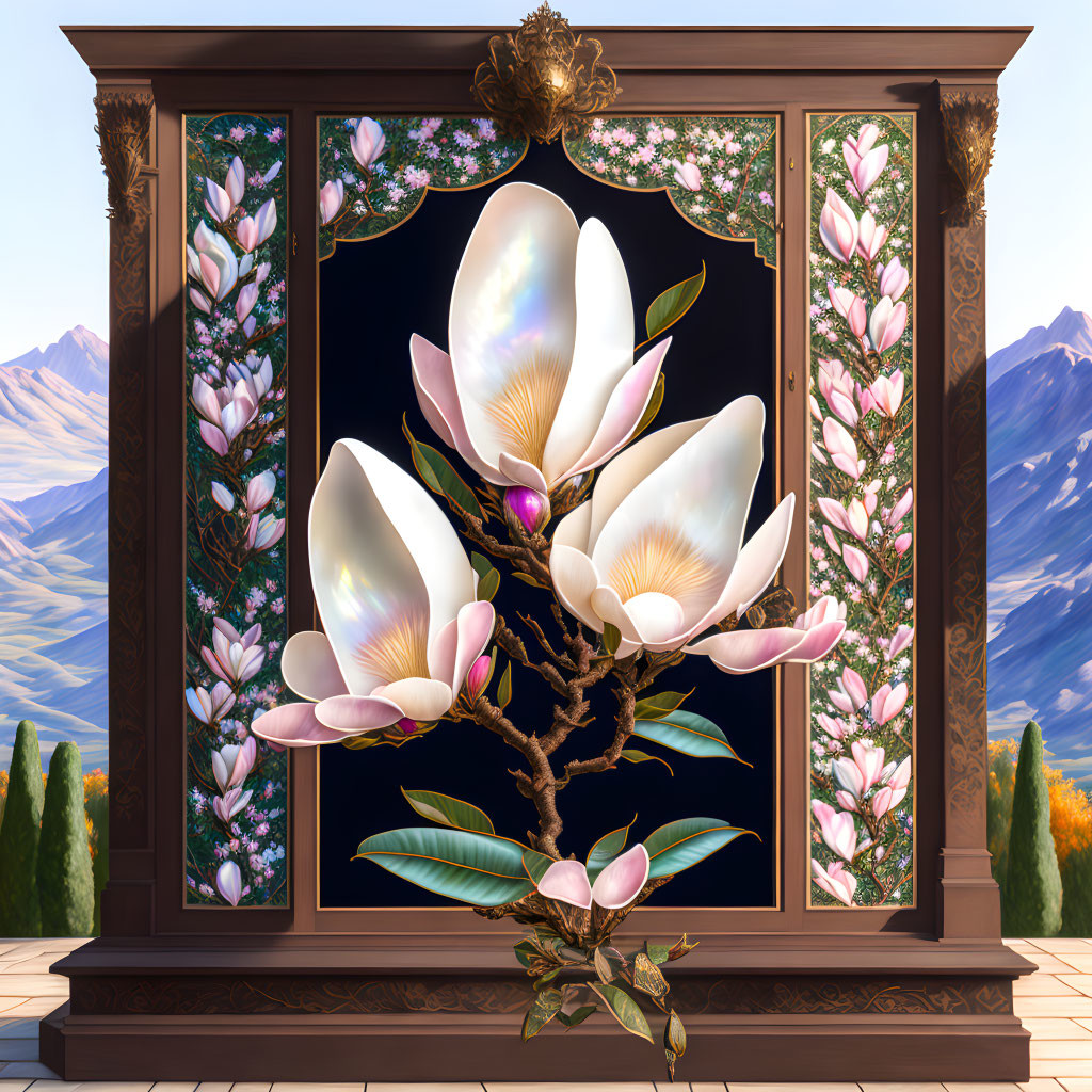 Colorful stained glass window with blooming magnolia tree and mountain scenery