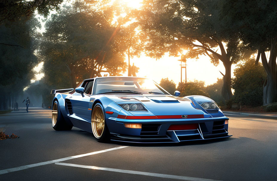 Blue Sports Car with White and Orange Stripes on Empty Road at Sunrise