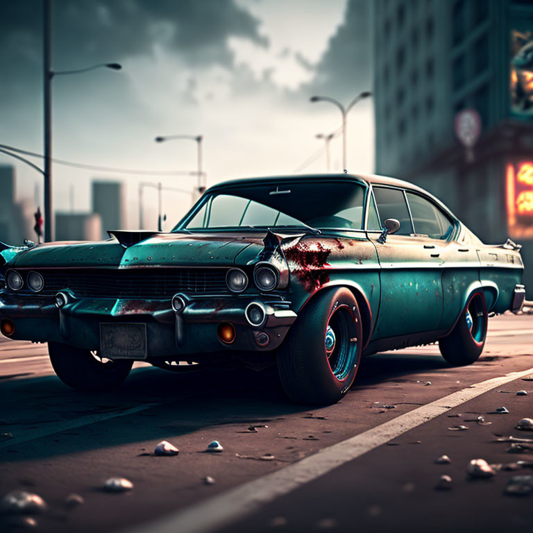 Vintage teal car with rust spots, chrome detailing, and custom rims on urban street.