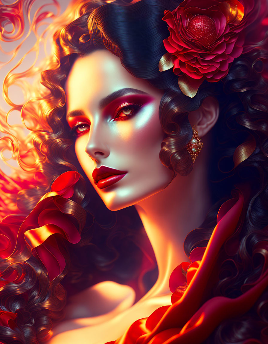 Portrait of woman with curly hair, red flower, and striking makeup.