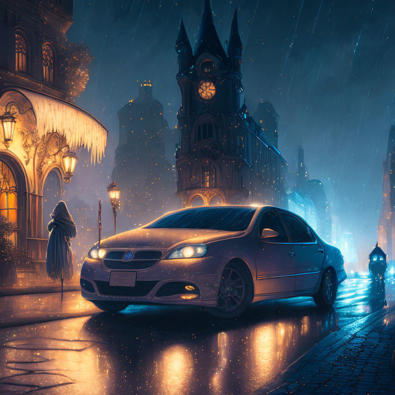 Silver Car Parked on Wet Cobblestone Street at Night with Rain and Clock Tower