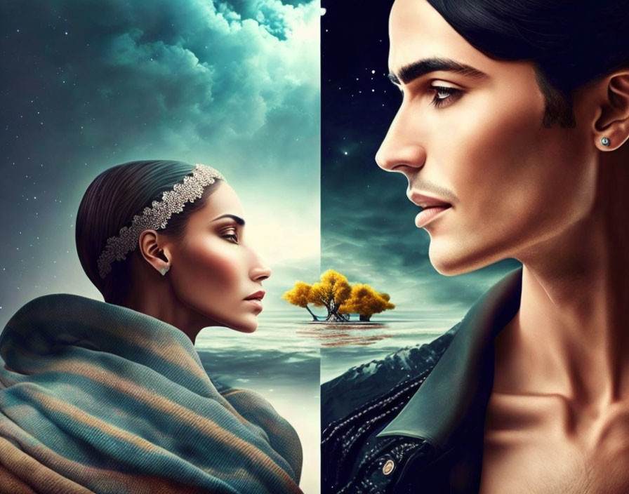 Split portrait of woman with cloudy backdrop & headband, man with starry night sky & tree island