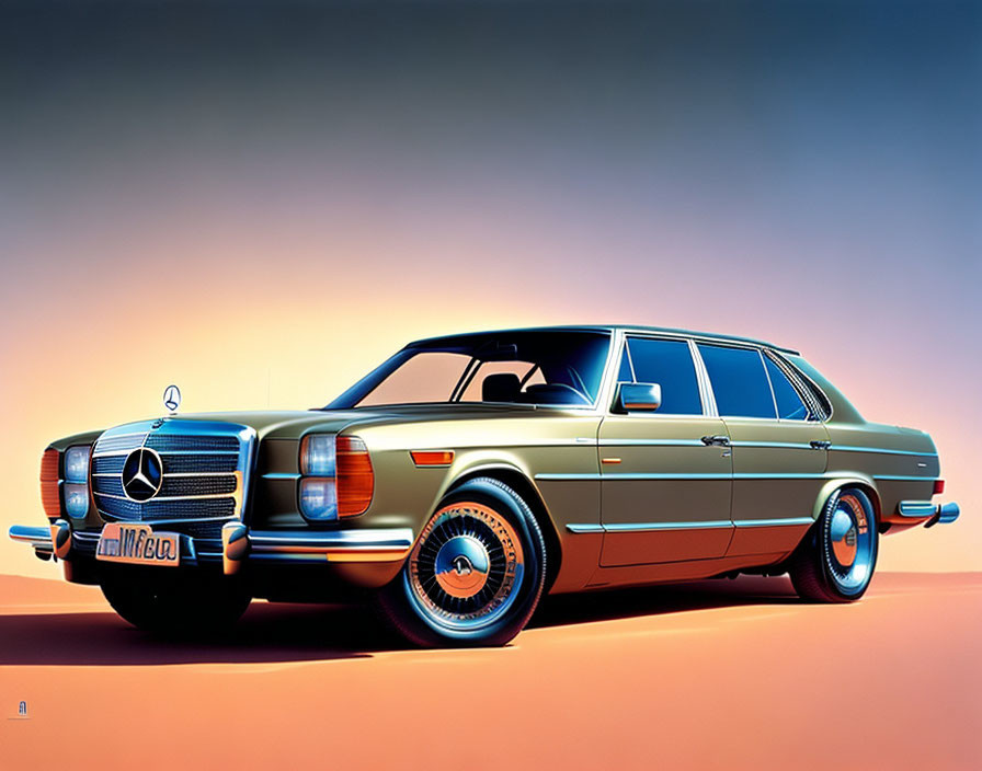 Vintage Mercedes-Benz Limousine with Elongated Body and Classic Grille on Orange Gradient Background