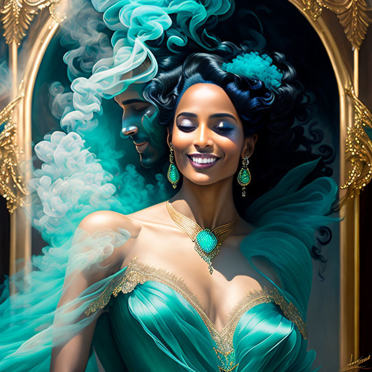 Vibrant teal-haired woman with ghostly masculine figure in elegant attire