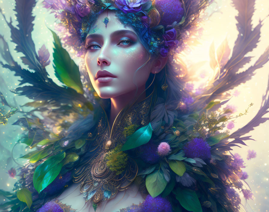 Mystical woman with floral and feather headdress in ethereal setting