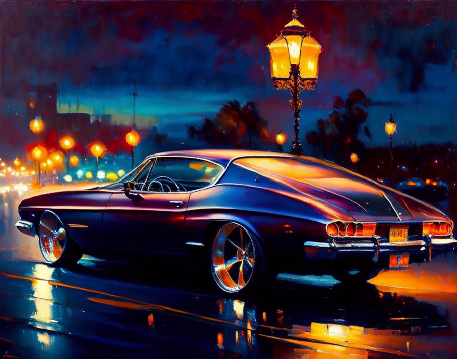 Vintage Car Night Scene with Streetlights and Reflections