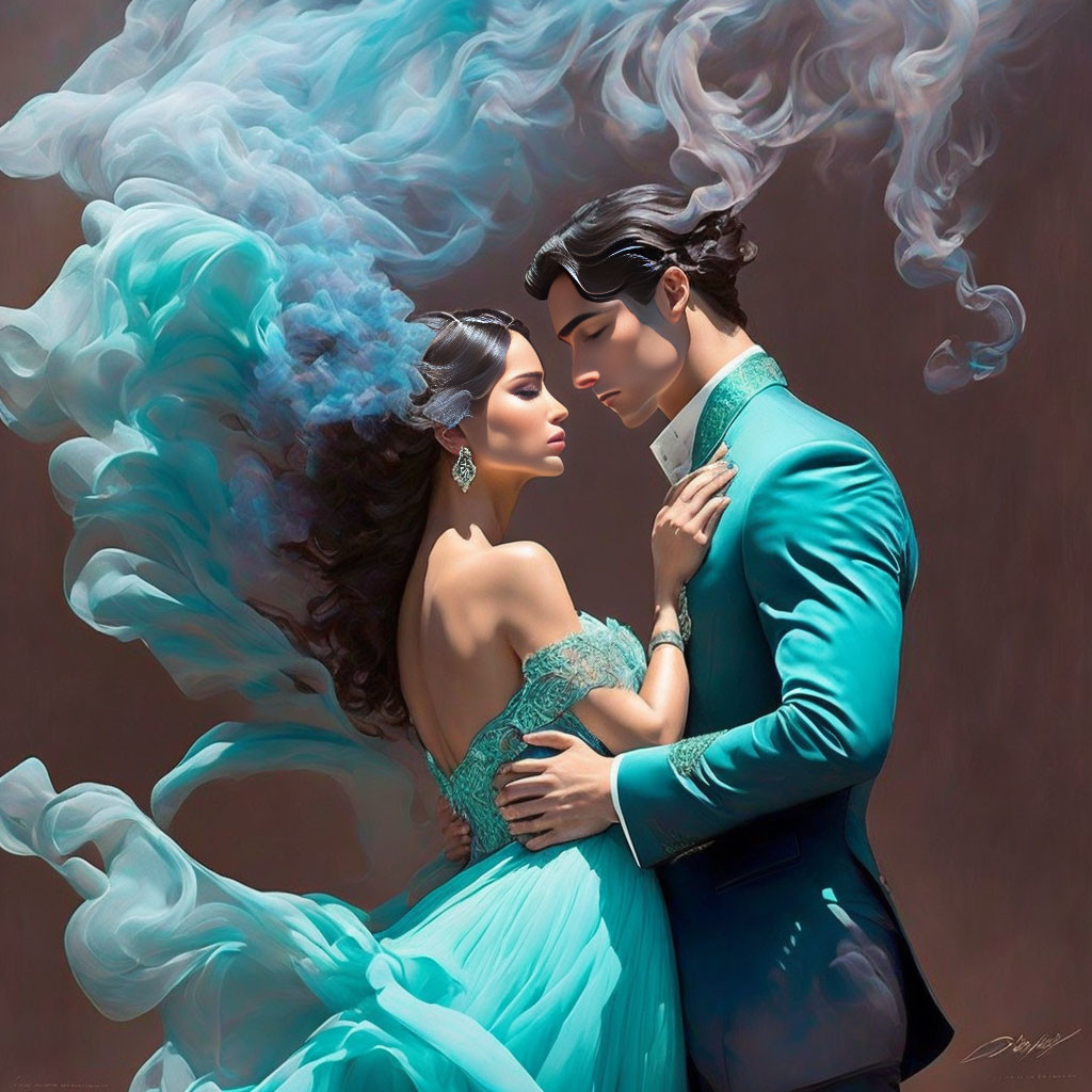 Couple in elegant attire with swirling blue tendrils in intimate moment