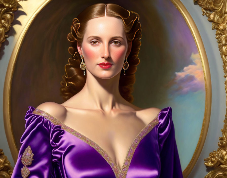 Portrait of Woman in Purple Gown with Puffy Sleeves and Earrings against Cloudy Sky