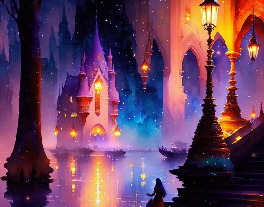 Glowing castle by lake with lit lanterns, mystical ambiance & figure in red cloak