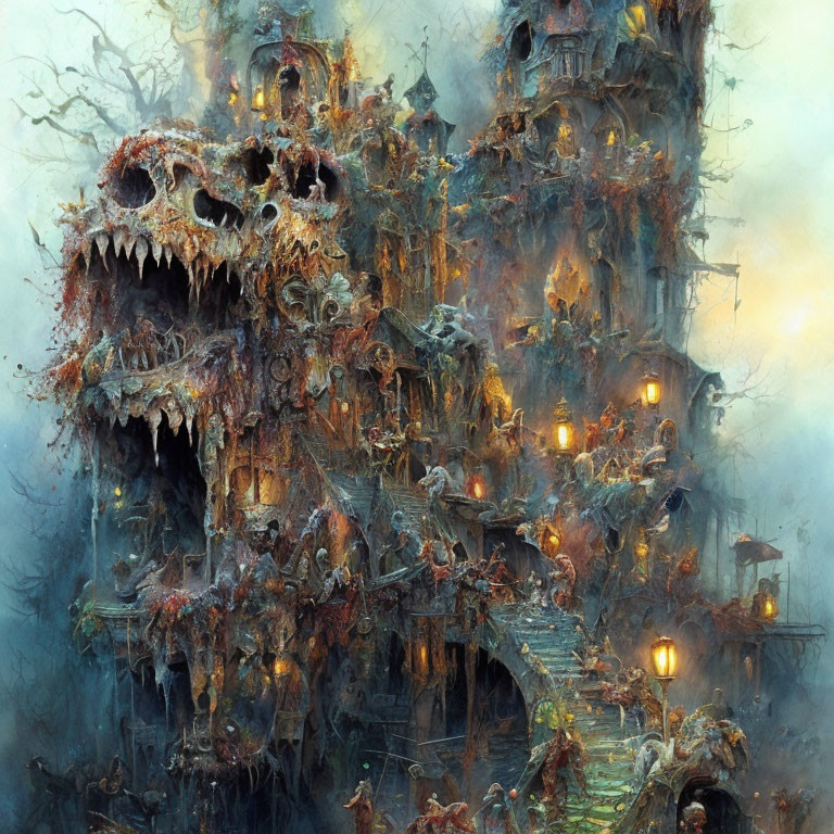 Eerie castle with skull motifs in mist-covered landscape