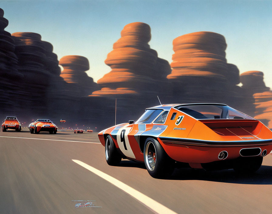 Orange #1 race car overtaking on desert highway with stratified rock formations