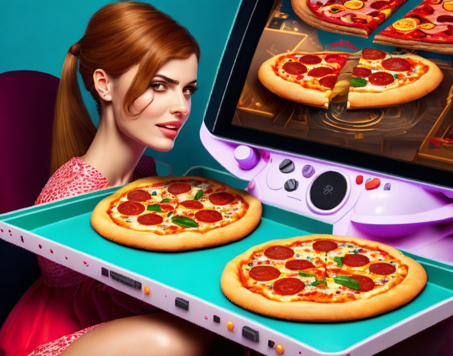 Stylized woman with retro hairstyle by oven with pizzas - vintage and modern fusion