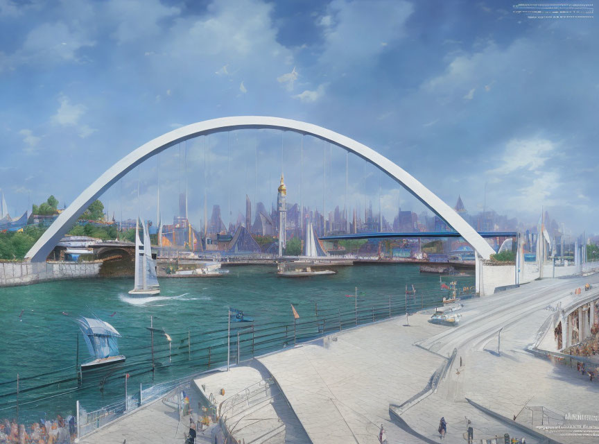 Futuristic cityscape with white arch bridge and advanced buildings