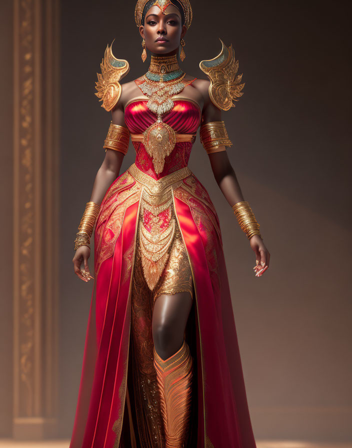 Regal figure in golden armor and red garments with ornate jewelry