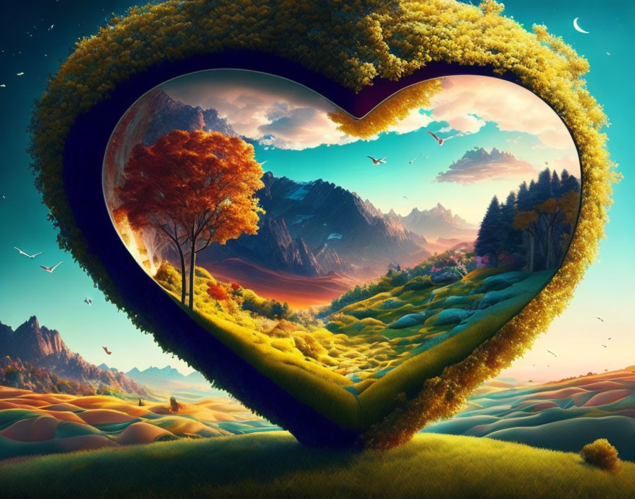 Heart-shaped frame showcasing vibrant fantasy landscape with mountains, trees, sunset, and birds in flight.