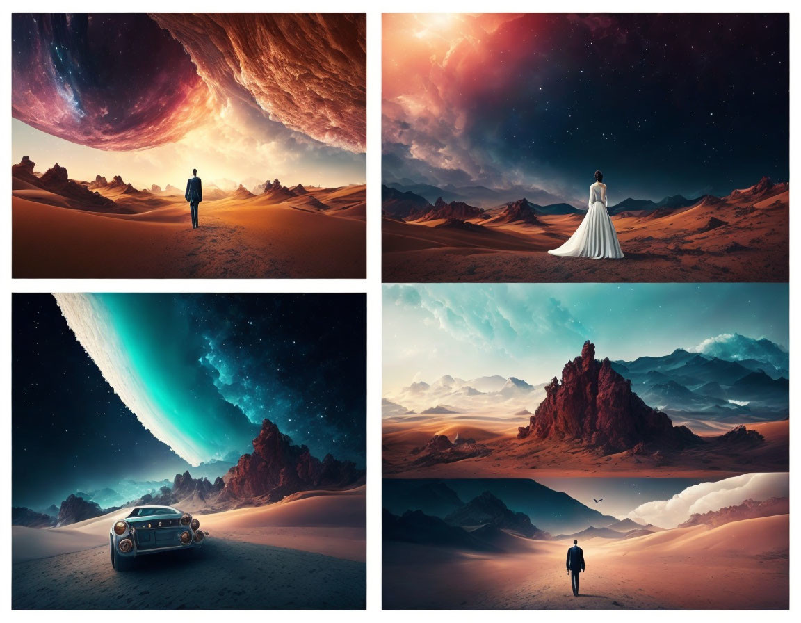 Surreal desert landscapes with person, bride, car, bird.