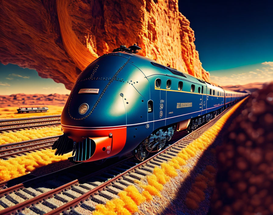 Vintage Blue Train Gliding on Curved Tracks in Orange Desert