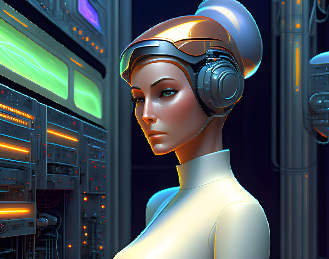 Futuristic female android with headphones and glowing server racks