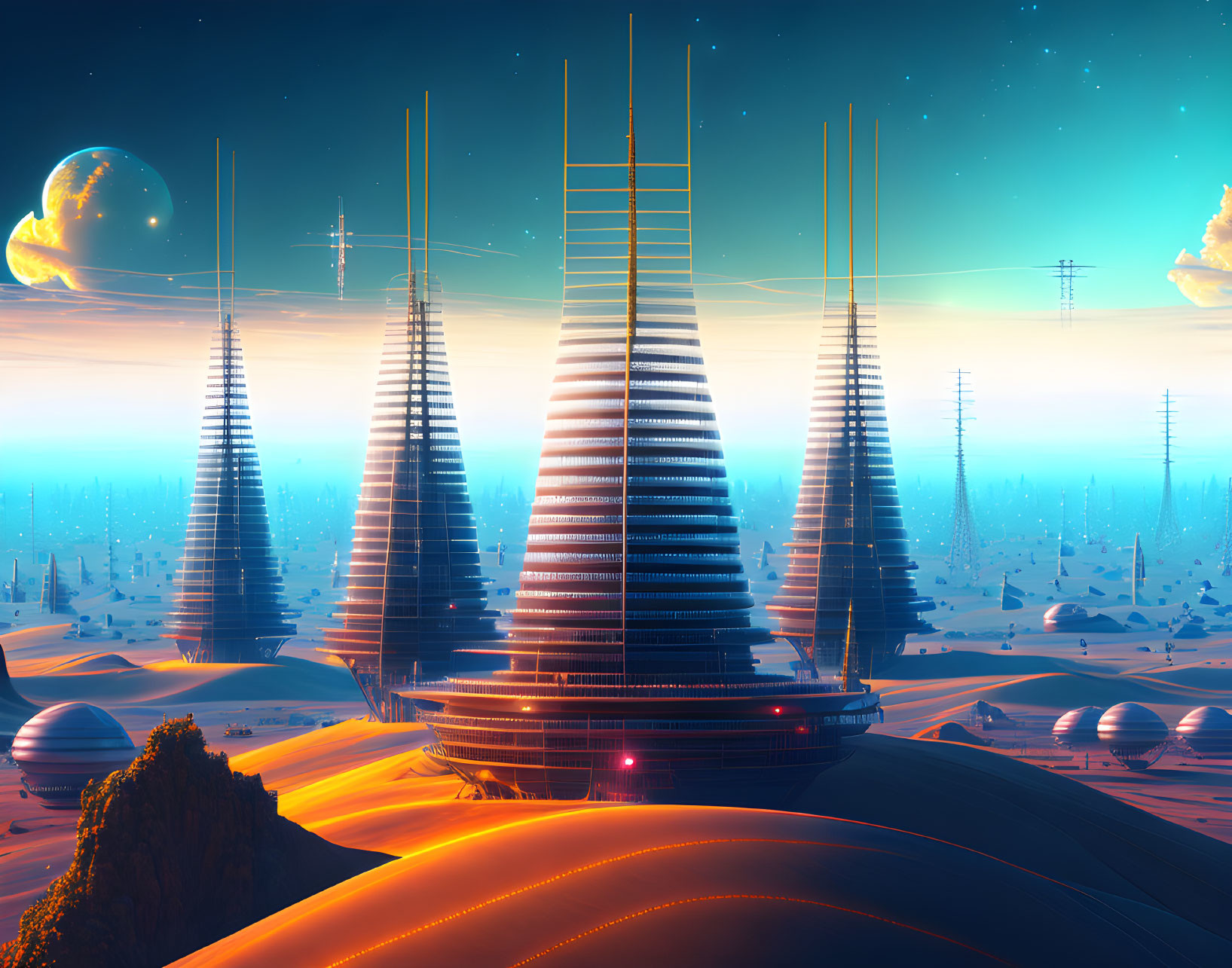 Futuristic Cityscape with Spires, Orbs, and Starry Sky