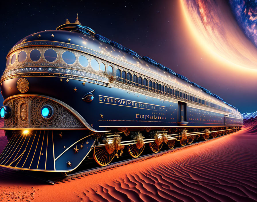 Ornate futuristic train in desert under starry sky