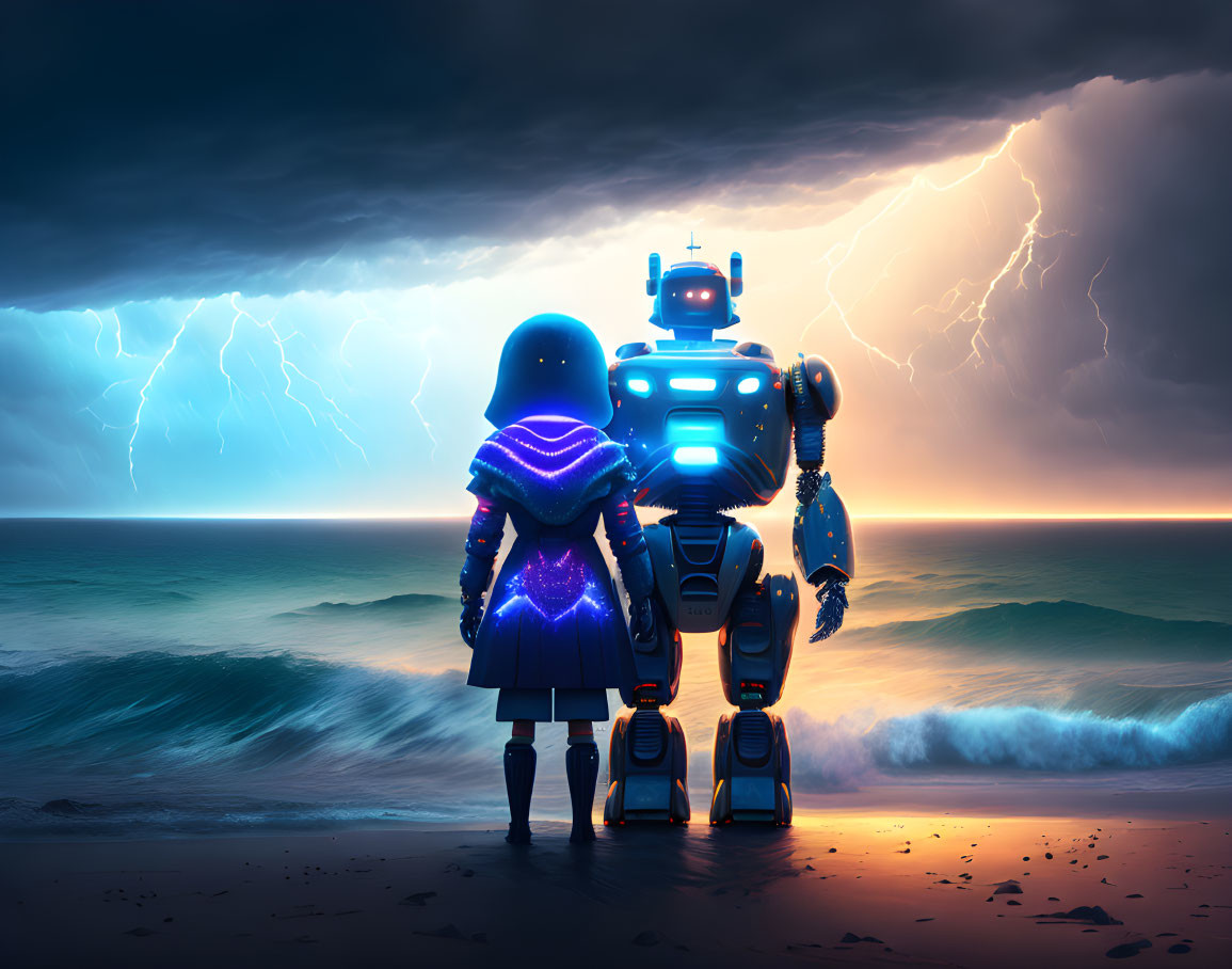 Child and robot observe storm on beach with lightning, showcasing technology versus nature contrast.