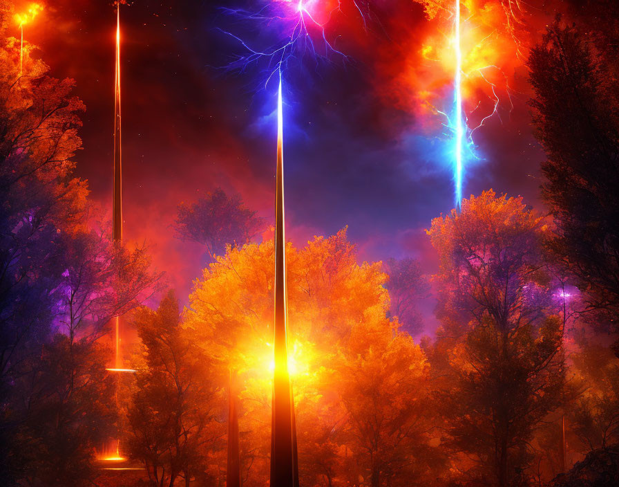 Vibrant neon lightning bolts illuminate forest in orange, blue, and purple hues