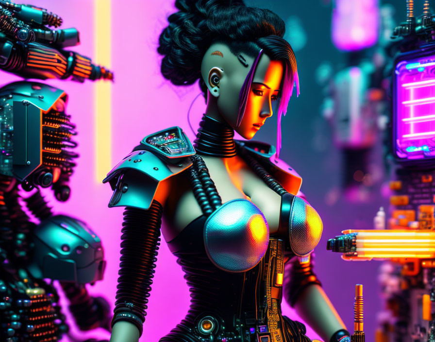 Detailed futuristic female android in neon-lit environment