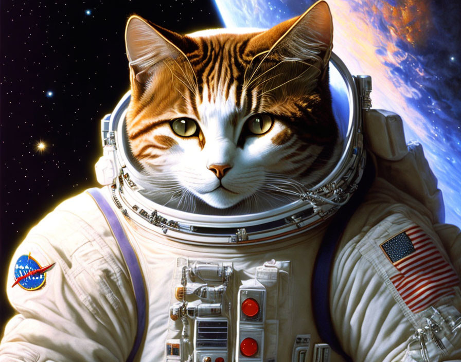 Tabby cat's head on astronaut suit with Earth and space backdrop