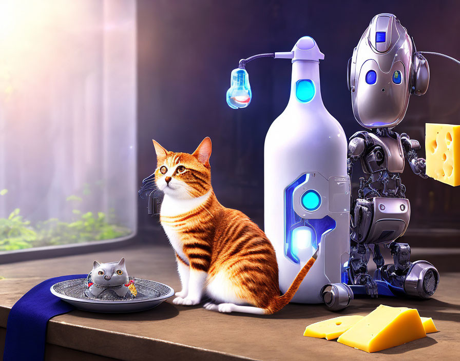 Robot holding cheese next to cat with mouse on plate in sunny room