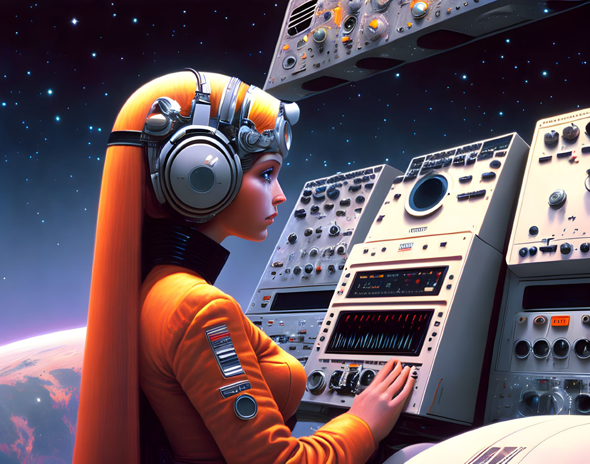 Female astronaut in vibrant orange space suit operates control panels on spacecraft with starscape background