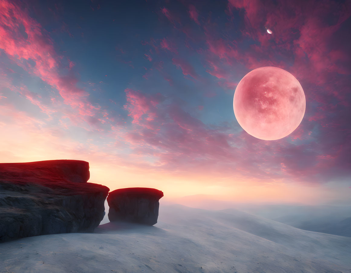 Surreal landscape with pink sky, moon, rock formations, and fog-covered hills